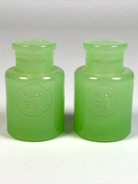 Set of 2 Green Glass Apothecary Bottles J.C. and Rollie Retro Style No Stoppers